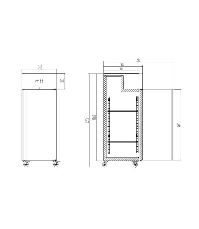 Vrieskast Chef line | 685L | RVS | Met wielen | (H)201x74x83cm