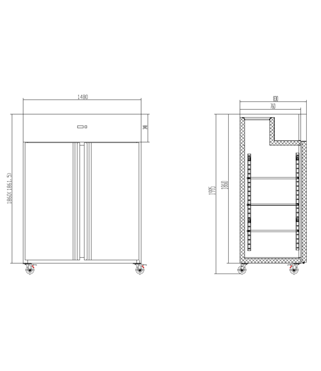 Koelkast Chef Line | 1476L | RVS | Dubbeldeurs | Met wielen | (H)201x148x83cm