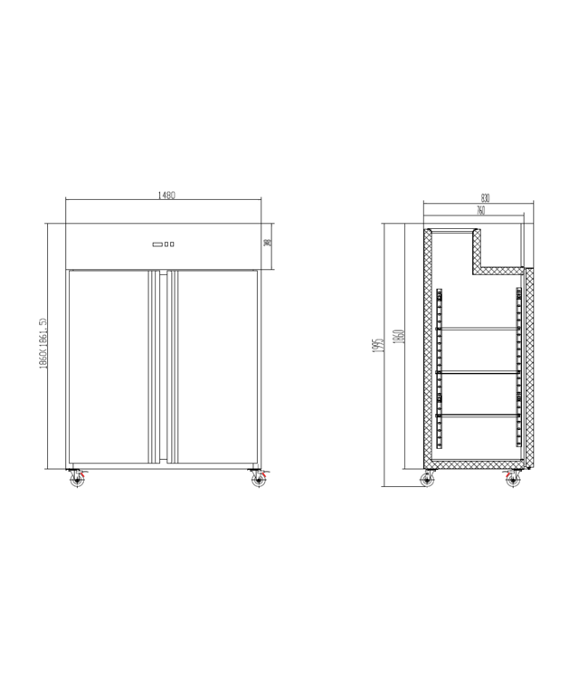 Vrieskast Chef line | 1476L | RVS | Dubbeldeurs | Met wielen | (H)201x148x83cm