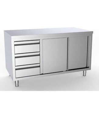 Werktafel RVS met schuifdeuren en 3 lades links | Budget Line gelast | (H)85/90x(B)180x(D)70cm