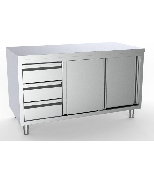 Werktafel RVS met schuifdeuren en 3 lades links | Budget Line gelast | (H)85/90x(B)200x(D)70cm