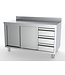 Werktafel RVS met schuifdeuren, 3 lades rechts en achteropstand | Budget Line gelast | (H)85/90x(B)200x(D)70cm