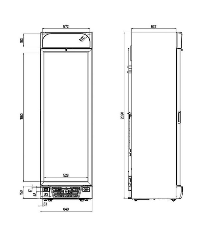 Vrieskast met glazen deur | Zwart | 382L | (H)205,8x64x67cm