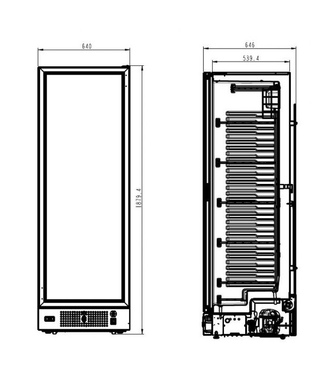 Vrieskast met glazen deur | Zwart | 382L | (H)187,5x64x67cm