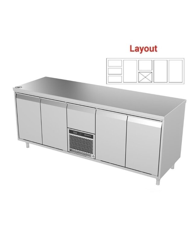 Koelwerkbank | layout 10 | 3 deurs en 4 lades | -5 tot 8° | (H)85/90x(B)213x(D)70cm