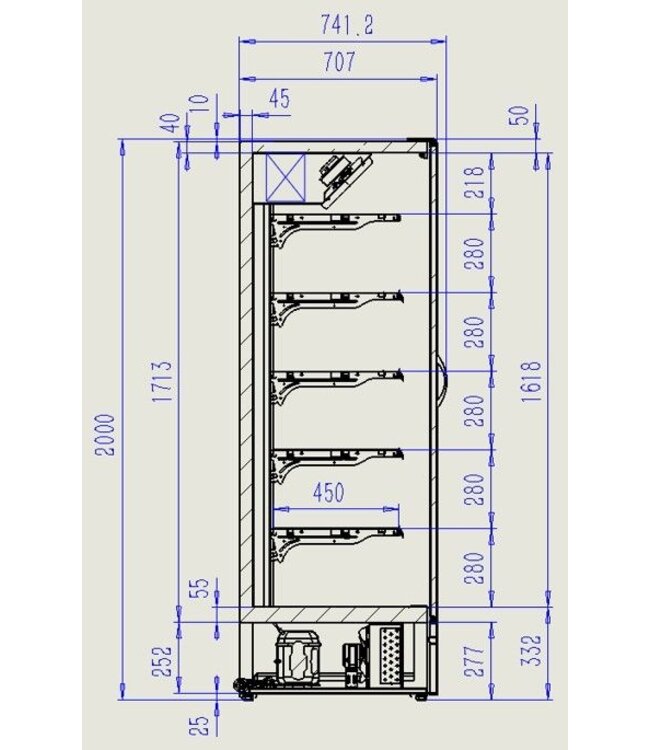 Wandkoeling Marco 2.5 | 5 Etages | 2585L | 4 Glasdeuren | Zwart | (H)201x(B)256x(D)74cm