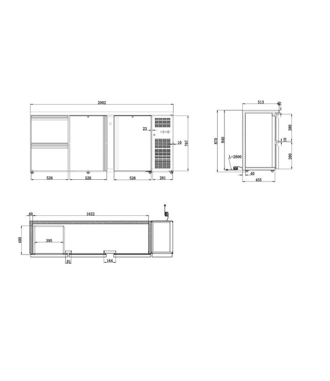 Barkoeling | 537 Liter | 2 Deuren + 2 lades | Zwart | (H)86x(B)200,2x(D)51,3cm