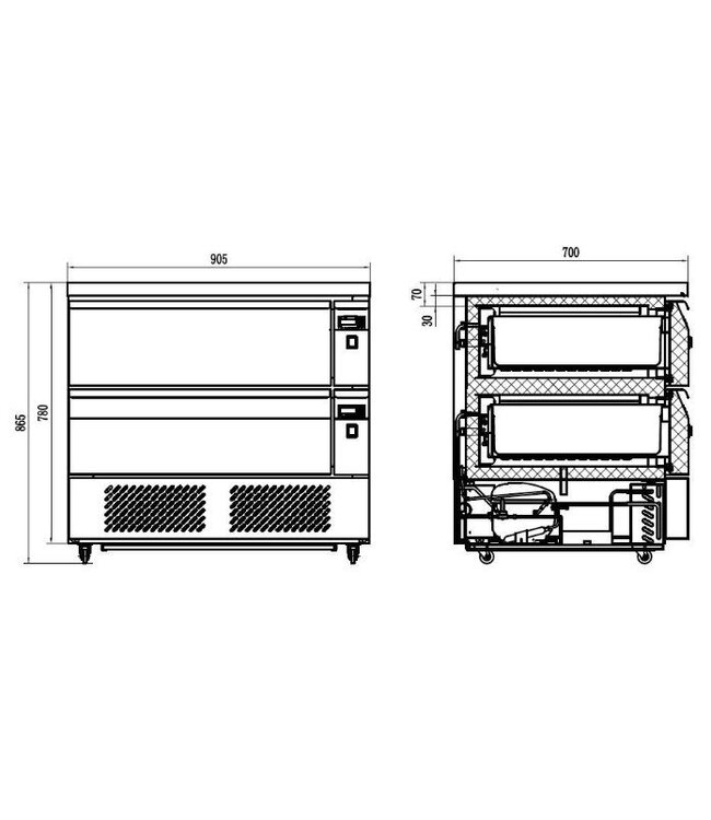 Koel/vrieswerkbank met 2 lades Standard Line | 4x 1/1GN | (H)86,5x(B)90,5x(D)70cm