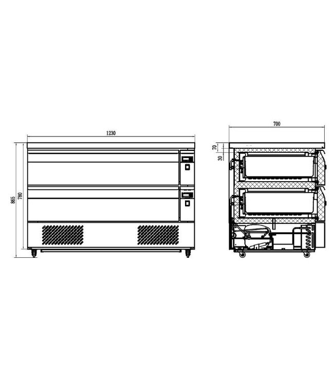 Koel/vrieswerkbank met 2 lades Standard Line | 6x 1/1GN | (H)86,5x(B)123x(D)70cm