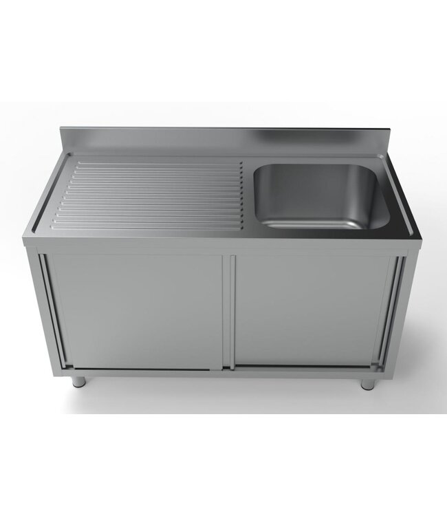 RVS Spoeltafel | Spoelbak rechts | Met schuifdeuren | (H)85x(B)140x(D)70cm