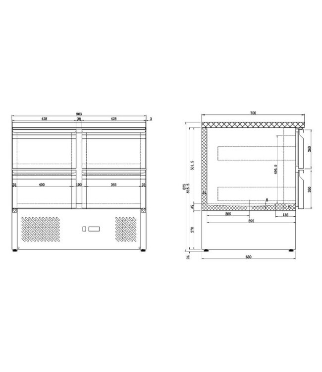 Koelwerkbank Compact Line | 4 Lades | (H)87,5x(B)90x(D)70cm