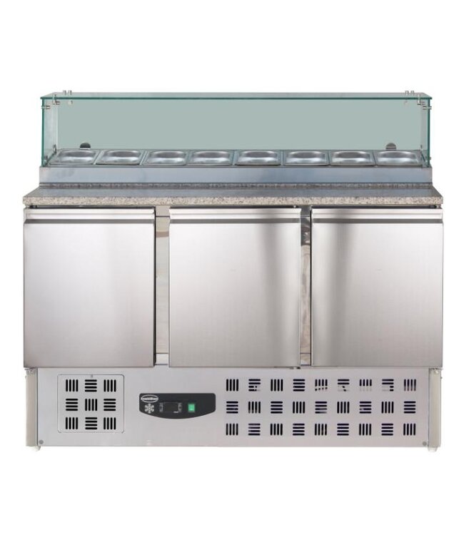 Pizzawerkbank 3-deurs | met glasopzet | Compact Line | (H)118x(B)136,8x(D)70