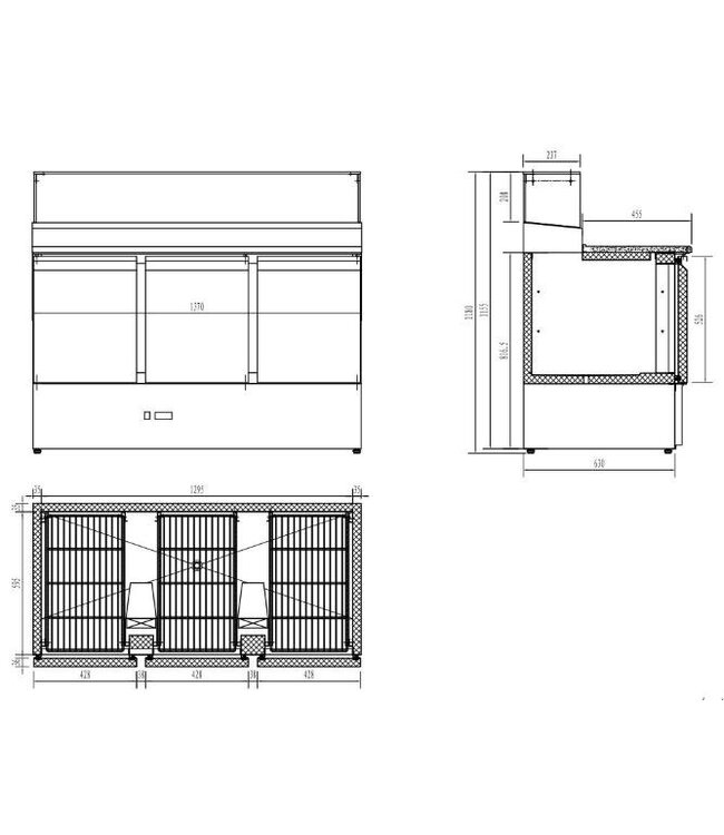 Pizzawerkbank 3-deurs | met glasopzet | Compact Line | (H)118x(B)136,8x(D)70