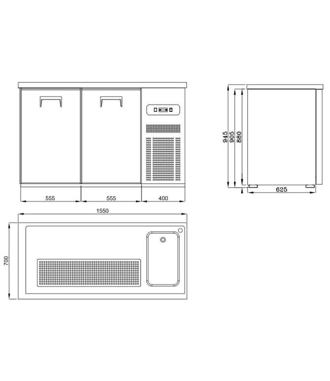 Bierkoeler | 2 Deuren | Enkele spoelbak rechts | (H)96x(B)155x(D)70