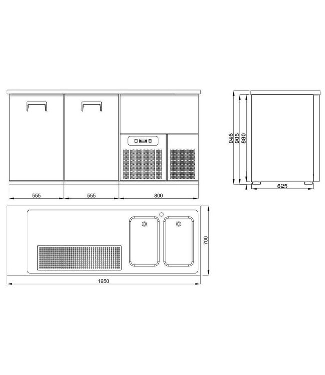 Bierkoeler | 2 Deuren | Dubbele spoelbak rechts | (H)95x(B)195x(D)70