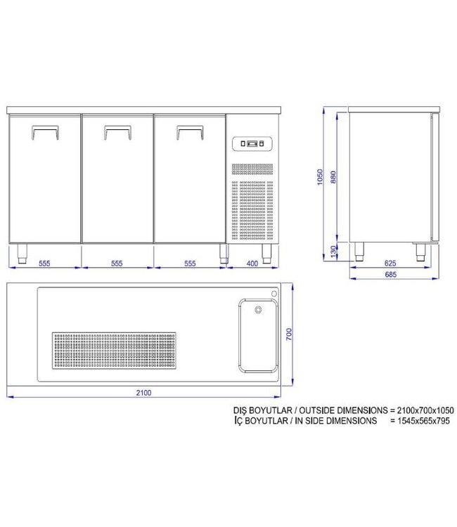 Bierkoeler | 3 Deuren | Enkele spoelbak rechts | (H)95x(B)210x(D)70