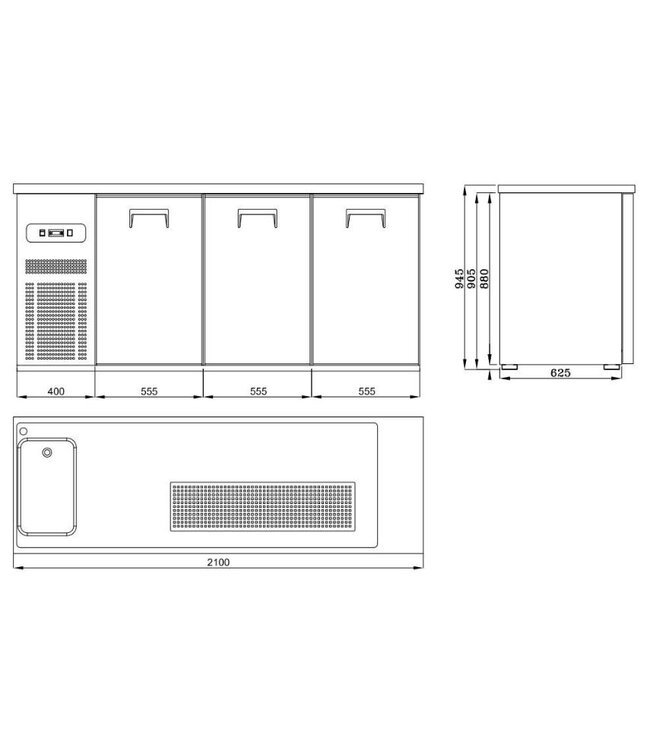 Bierkoeler | 3 Deuren | Enkele spoelbak links | (H)95x(B)210x(D)70