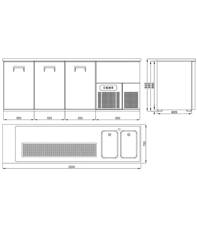 Bierkoeler | 3 Deuren | Dubbele spoelbak rechts | (H)95x(B)250x(D)70