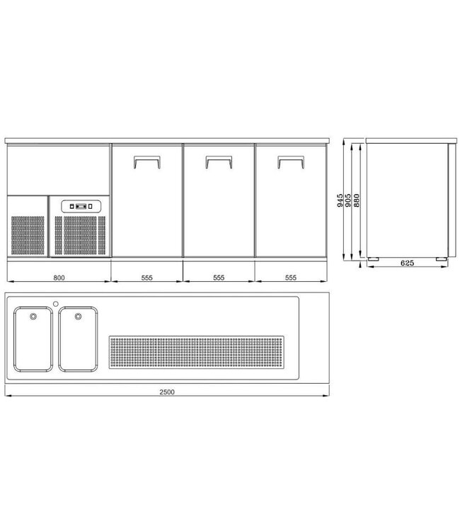 Bierkoeler | 3 Deuren | Dubbele spoelbak links | (H)95x(B)250x(D)70