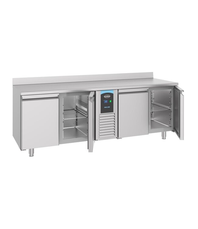 Koelwerkbank met opstaande rand | Monoblock | 4 Deuren | 632L | (H)86x(B)227x(D)70cm