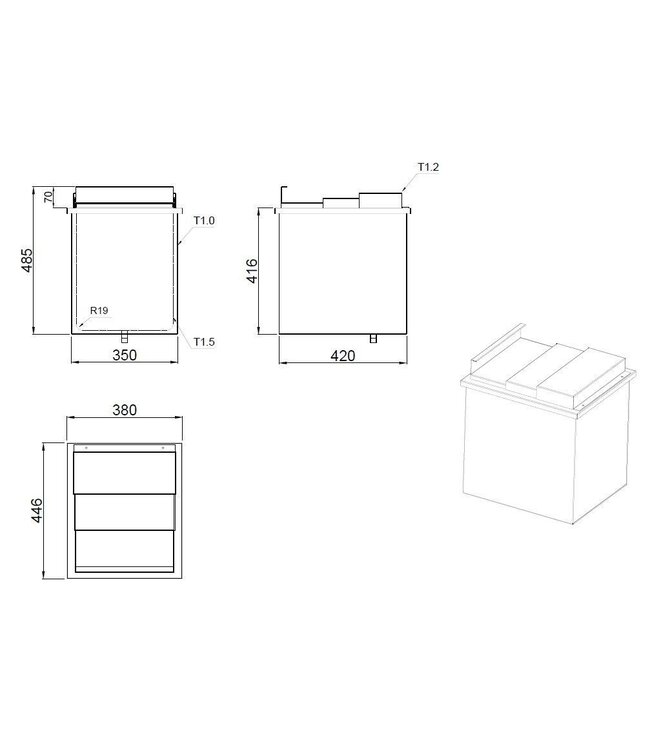 Drop-in RVS ijsbak | Dubbelwandig | Met schuifdeksel | (B)38x(D)44,6x(H)52,4cm