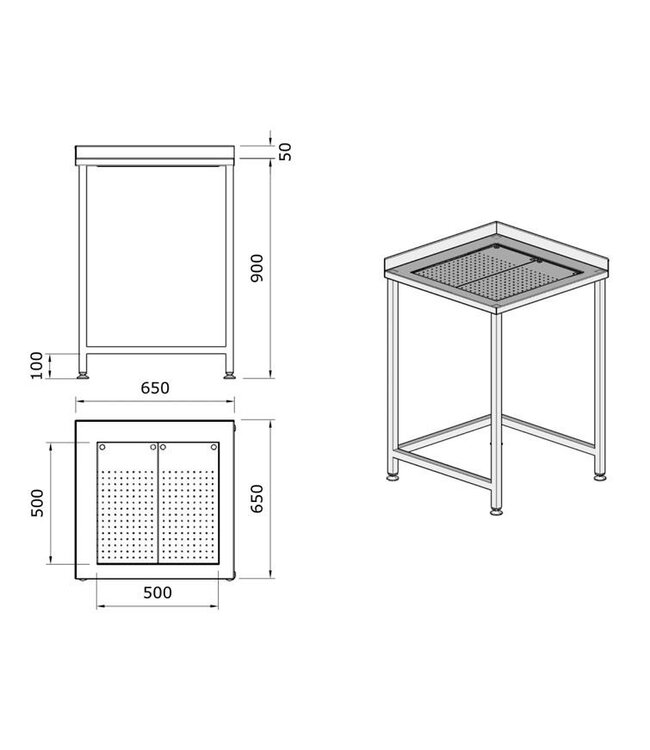 RVS Hoekwerktafel | Met geïntegreerde lekbak | Achteropstand | (H)90x(B)65x(D)65cm