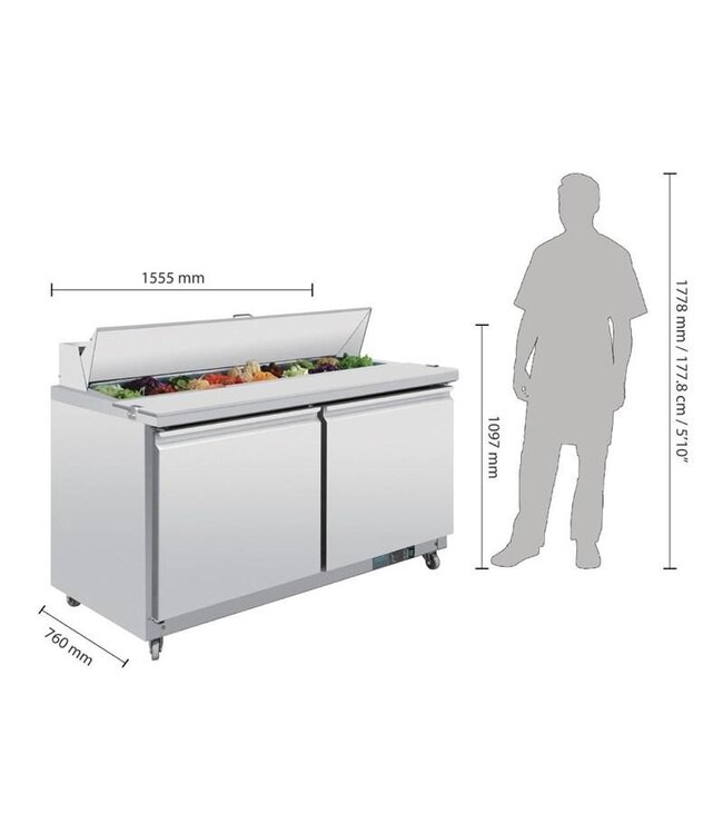 Saladette RVS | 2 deurs | boven 16x 1/6GN | (H)109,7x(B)155,5x(D)76