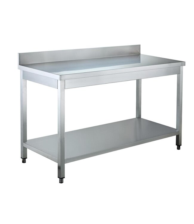 RVS Werktafel met bodemschap en spatrand | Flat-pack | 200x70x(H)85cm