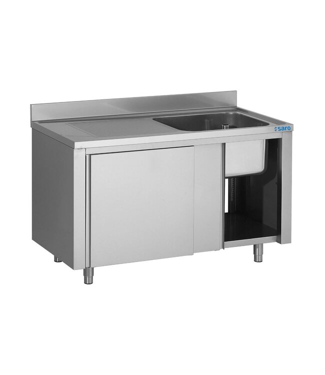 RVS Spoeltafel met onderkast | Spoelbak rechts | Met schuifdeuren | 120cm breed