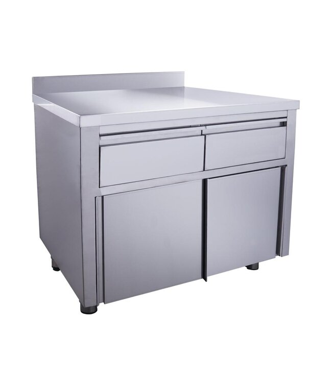 RVS Kast met schuifdeuren | 2 Lades | Met spatrand | 70cm diep | 100cm breed