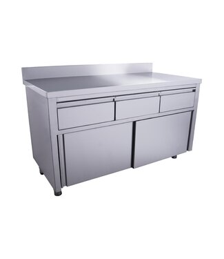 RVS Kast met schuifdeuren | 3 Lades | Met spatrand | 70cm diep | 160cm breed