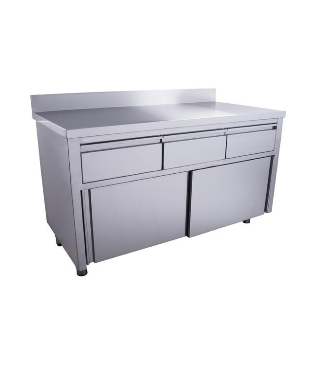 RVS Kast met schuifdeuren | 3 Lades | Met spatrand | 70cm diep | 160cm breed