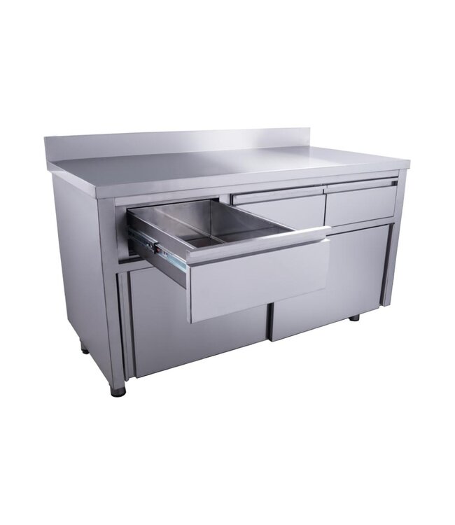 RVS Kast met schuifdeuren | 3 Lades | Met spatrand | 70cm diep | 160cm breed