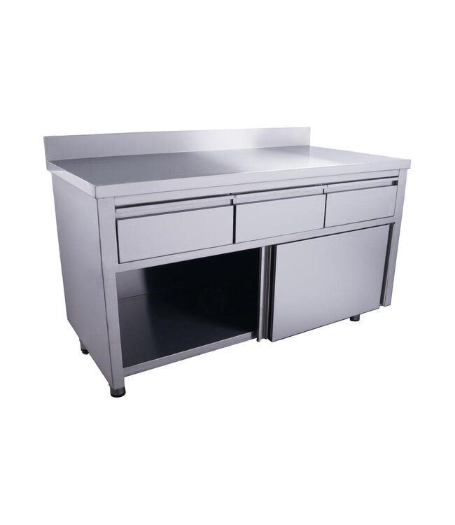 RVS Kast met schuifdeuren | 3 Lades | Met spatrand | 70cm diep | 160cm breed