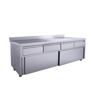 RVS Kast met schuifdeuren | 4 Lades | Met spatrand | 70cm diep | 180cm breed