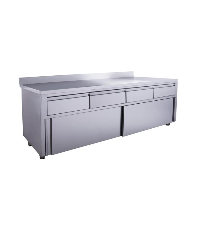 RVS Kast met schuifdeuren | 4 Lades | Met spatrand | 70cm diep | 180cm breed
