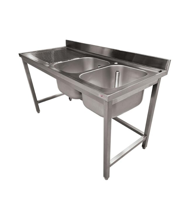 RVS Spoeltafel ECO | 2 Spoelbakken rechts | Afdruip links | Met spatrand | (H)90x(B)180x(D)70cm