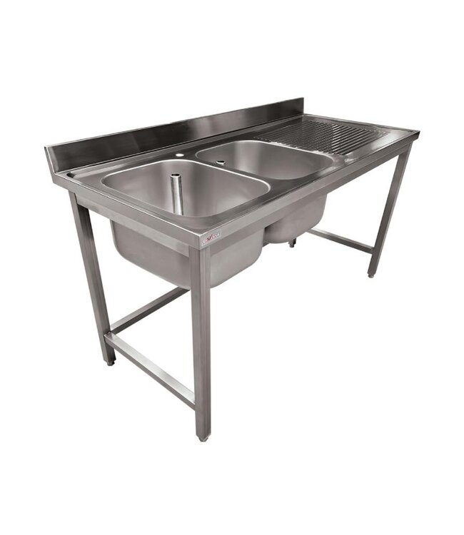 RVS Spoeltafel ECO | 2 Spoelbakken links | Afdruip rechts | Met spatrand | (H)90x(B)180x(D)70cm