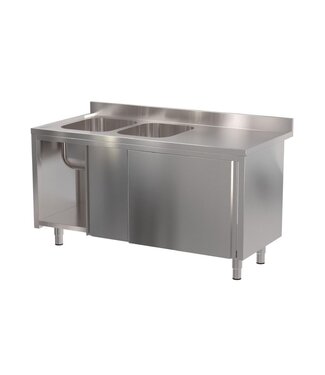 RVS Spoeltafel met onderkast | Twee spoelbakken | Met schuifdeuren | 140cm breed