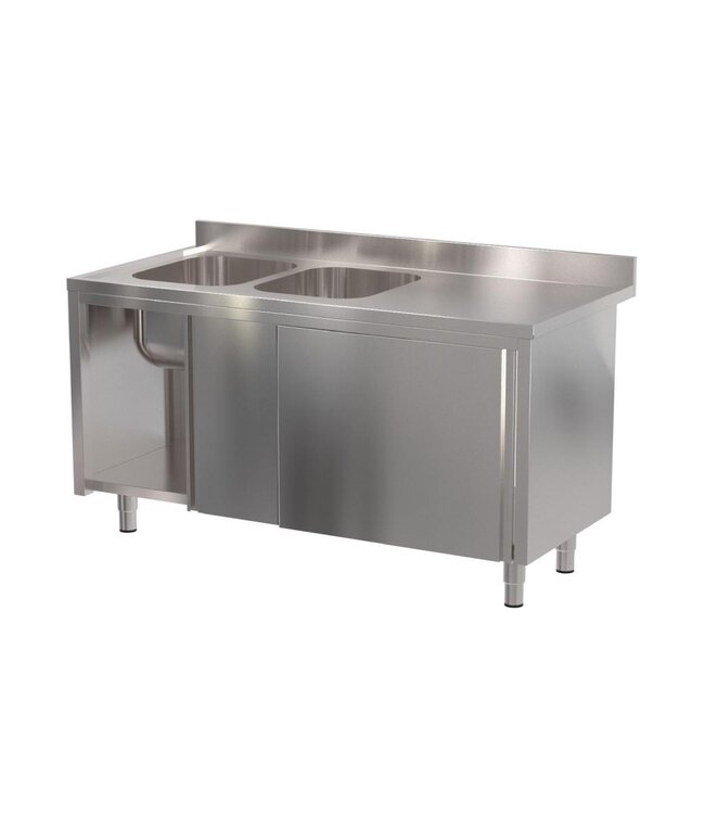 RVS Spoeltafel met onderkast | Twee spoelbakken | Met schuifdeuren | 140cm breed