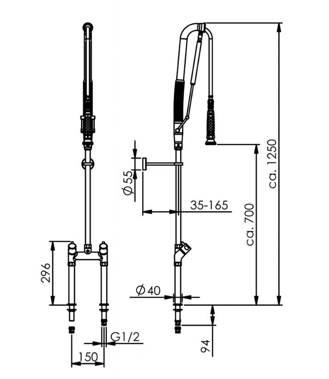 Voorspoeldouche TC | tafelmodel | dubbelgats 150mm | 1/2" aansluiting | draaiknop