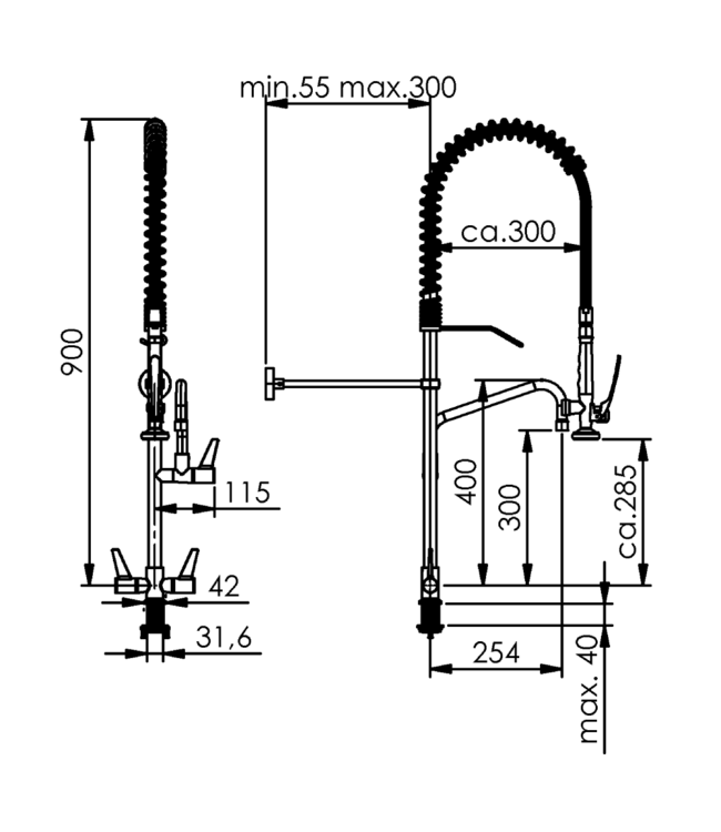 Voorspoeldouche Ecostar | Tafelmodel | Enkelgats | 1/2" aansluiting | Draaiknop | Keramische tussenkraan