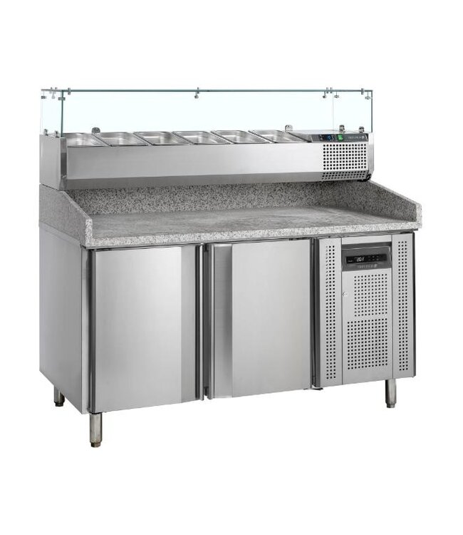 Pizzawerkbank met opzetvitrine PT1200+VK38-150 | 2 Deurs | (H)144,5x(B)151x(D)80cm