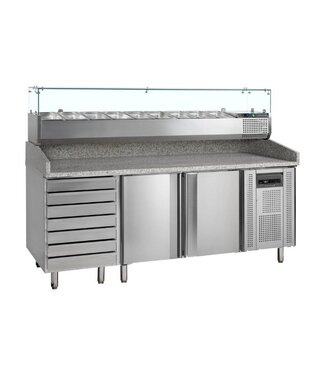 Tefcold Pizzawerkbank met opzetvitrine PT1310+VK38-200 | 2 Deurs & 7 lades | (H)144,5x(B)204,5x(D)80cm
