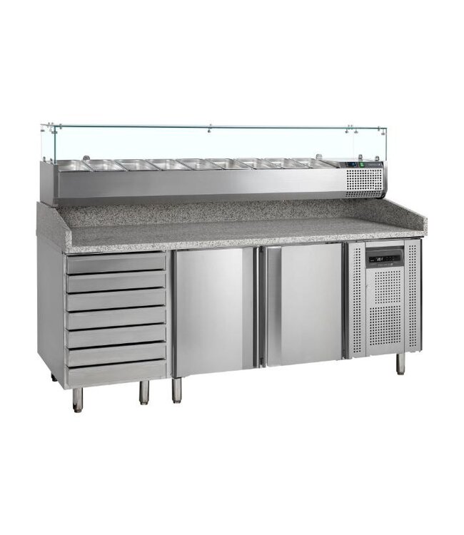 Pizzawerkbank met opzetvitrine PT1310+VK38-200 | 2 Deurs & 7 lades | (H)144,5x(B)204,5x(D)80cm