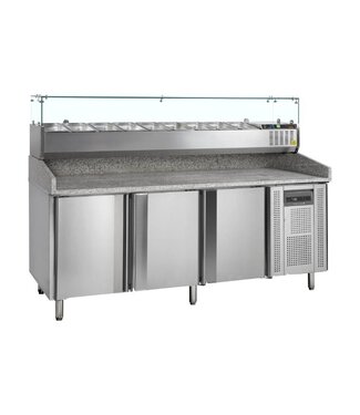 Tefcold Pizzawerkbank met opzetvitrine PT1300+GVC38-200 | 3 Deurs | (H)144,5x(B)204,5x(D)80cm