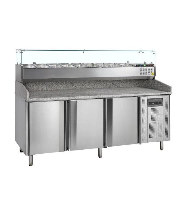 Pizzawerkbank met opzetvitrine PT1300+GVC38-200 | 3 Deurs | (H)144,5x(B)204,5x(D)80cm