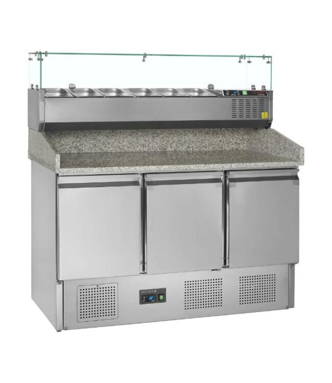 Pizzawerkbank met opzetvitrine PT1365+GVC33-140 | 3 Deurs | (H)145,9x(B)136,5x(D)70cm