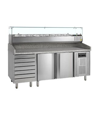 Tefcold Pizzawerkbank met opzetvitrine PT1310+GVC38-200 | 2 Deuren & 7 lades | (H)144,8x(B)204,5x(D)80cm