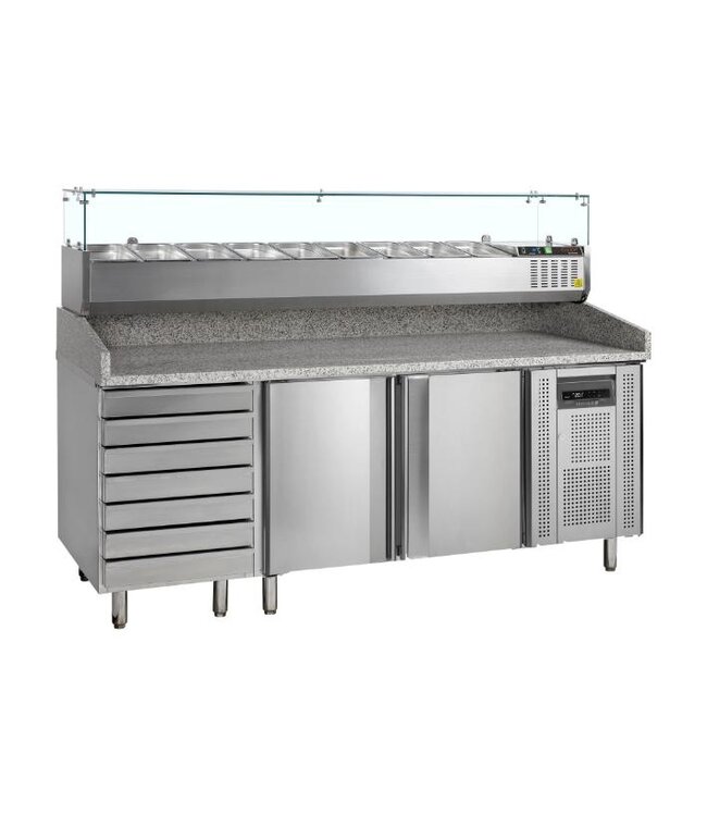 Pizzawerkbank met opzetvitrine PT1310+GVC38-200 | 2 Deuren & 7 lades | (H)144,8x(B)204,5x(D)80cm